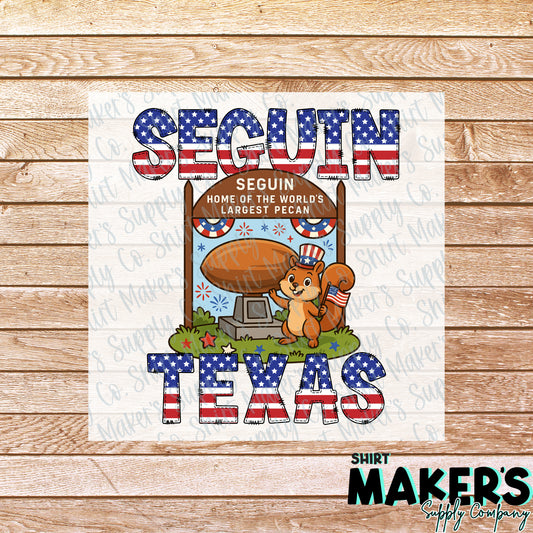 Seguin 4th of July Pecan Sign and Squirrel DTF or UV-DTF Transfer - or- Hat Patch, Acrylic, Magnet, or Keychain