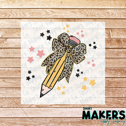 Pencil Bow & Stars DTF Transfer - or- Hat Patch, Acrylic, Magnet, or Keychain