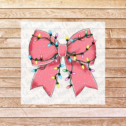 Pink Bow Christmas Lights DTF Transfer - or- Hat Patch, Acrylic, Magnet, or Keychain