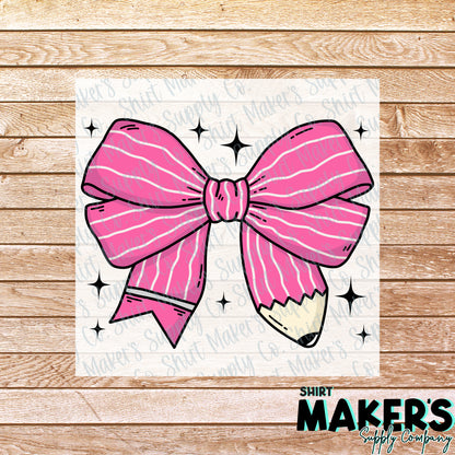 Pink Pencil Bow DTF Transfer - or- Hat Patch, Acrylic, Magnet, or Keychain