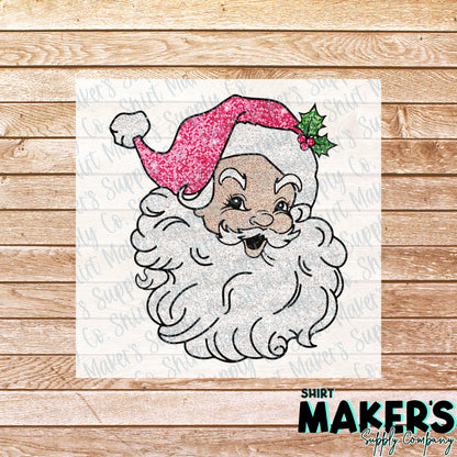 Pink Retro Glitter Santa Christmas DTF Transfer - or- Hat Patch, Acrylic, Magnet, or Keychain