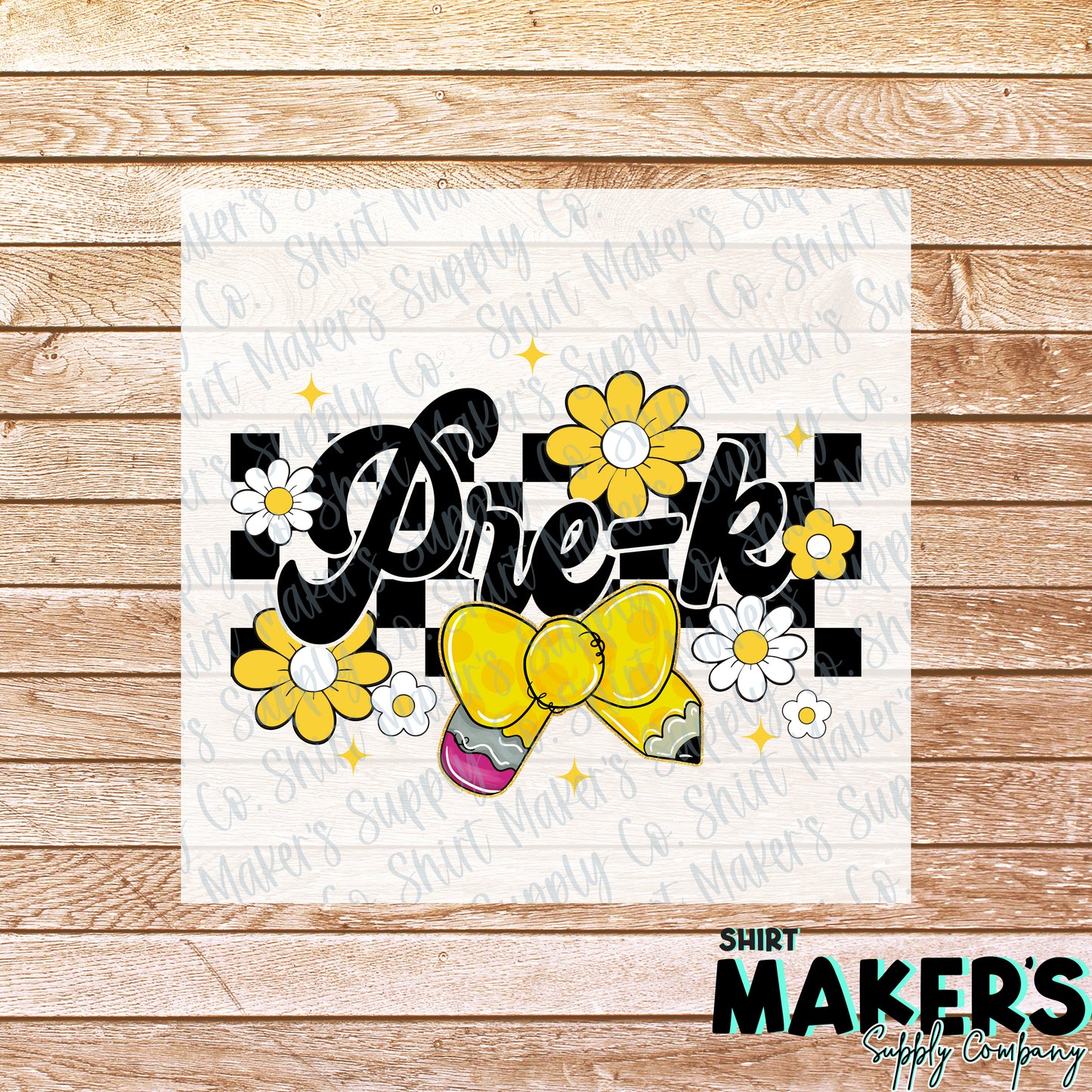 Pre-K Floral Checker DTF Transfer - or- Hat Patch, Acrylic, Magnet, or Keychain
