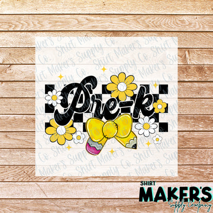 Pre-K Floral Checker DTF Transfer - or- Hat Patch, Acrylic, Magnet, or Keychain