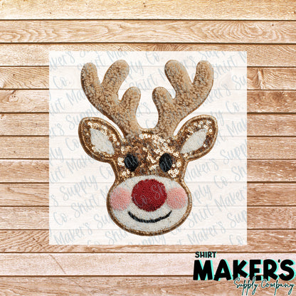 Fuzzy Reindeer Sequin Christmas DTF Transfer - or- Hat Patch, Acrylic, Magnet, or Keychain