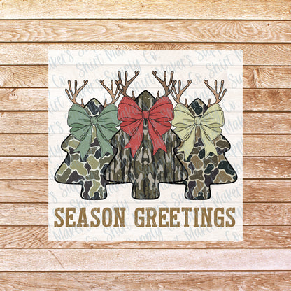 Season Greetings Camo Christmas Trees DTF Transfer - or- Hat Patch, Acrylic, Magnet, or Keychain