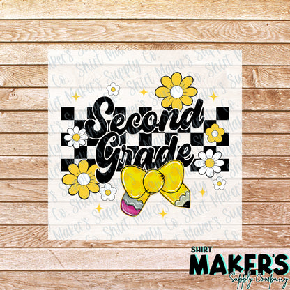 2nd Grade Floral Checker DTF Transfer - or- Hat Patch, Acrylic, Magnet, or Keychain