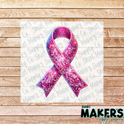 Breast Cancer Ribbon Sequin DTF Transfer - or- Hat Patch, Acrylic, Magnet, or Keychain