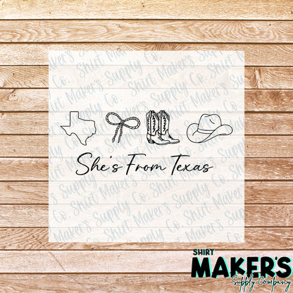 She's from Texas DTF or UV-DTF Transfer - or- Hat Patch, Acrylic, Magnet, or Keychain