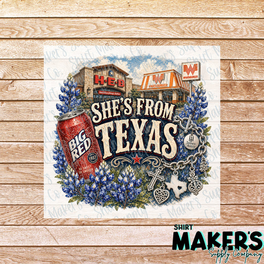 She's From Texas DTF or UV-DTF Transfer - or- Hat Patch, Acrylic, Magnet, or Keychain