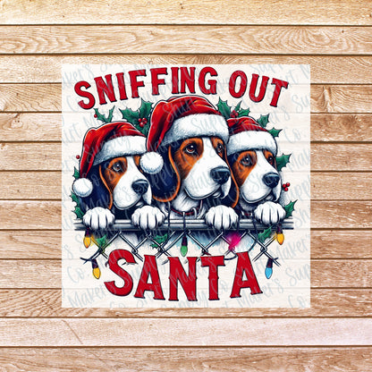 Sniffing out Santa Christmas Hunting DTF Transfer - or- Hat Patch, Acrylic, Magnet, or Keychain