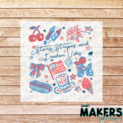 Stars, Stripes, Freedom Vibes DTF Transfer - or- Hat Patch, Acrylic, Magnet, or Keychain