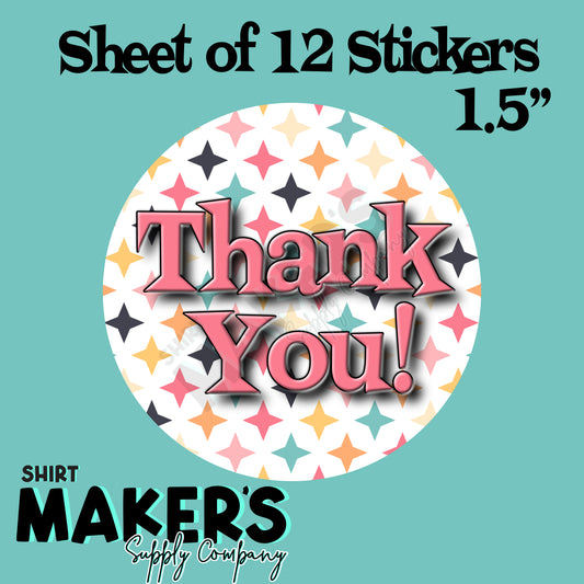 Retro Thank You Stickers Sheet of 12