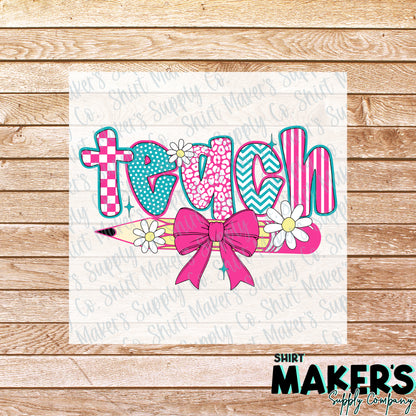 Teach Pencil Bow DTF Transfer - or- Hat Patch, Acrylic, Magnet, or Keychain