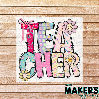 Teacher Floral 2 Line DTF Transfer - or- Hat Patch, Acrylic, Magnet, or Keychain