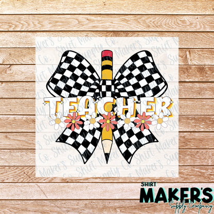 Teacher Checkered Bow DTF Transfer - or- Hat Patch, Acrylic, Magnet, or Keychain