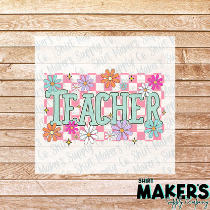Teacher Floral Checker DTF Transfer - or- Hat Patch, Acrylic, Magnet, or Keychain