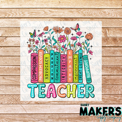 Teacher Floral Books DTF Transfer - or- Hat Patch, Acrylic, Magnet, or Keychain