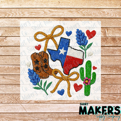 Texas Embroidered Scene DTF or UV-DTF Transfer - or- Hat Patch, Acrylic, Magnet, or Keychain