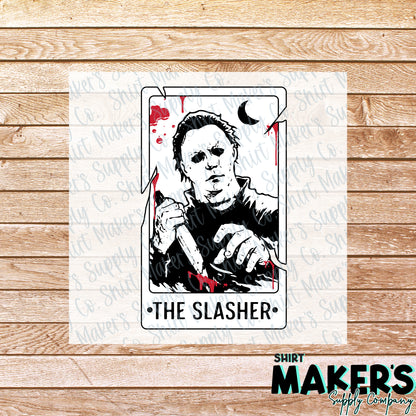 The Slasher White Horror Tarot Card DTF Transfer - or- Hat Patch, Acrylic, Magnet, or Keychain