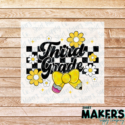 3rd Grade Floral Checker DTF Transfer - or- Hat Patch, Acrylic, Magnet, or Keychain
