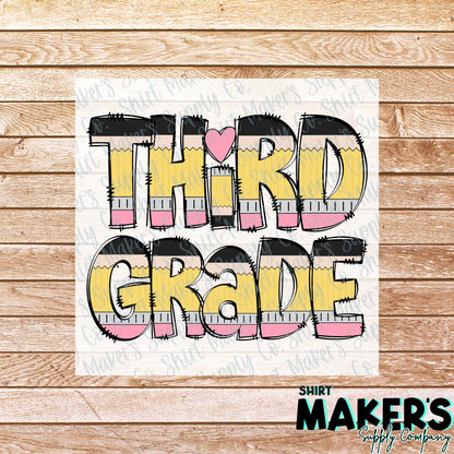 3rd Grade Pencil Print DTF Transfer - or- Hat Patch, Acrylic, Magnet, or Keychain