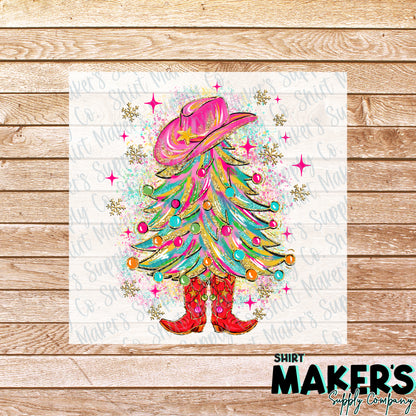 Christmas Tree with Boots DTF Transfer - or- Hat Patch, Acrylic, Magnet, or Keychain