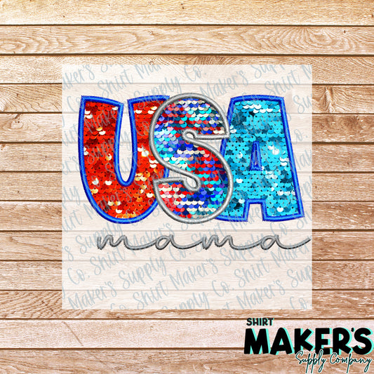 USA Mama Faux Sequin Embroidery Applique DTF or Sublimation Transfer