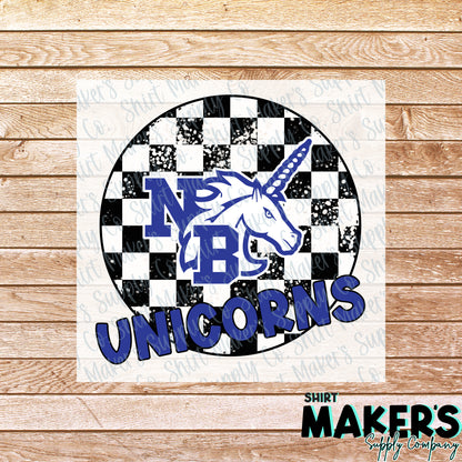 New Braunfels Unicorns Checker DTF Transfer - or- Hat Patch, Acrylic, Magnet, or Keychain