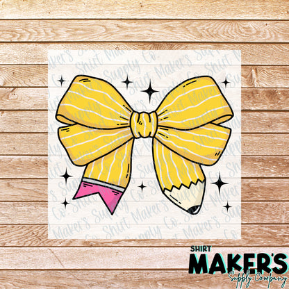Yellow Pencil Bow DTF Transfer - or- Hat Patch, Acrylic, Magnet, or Keychain