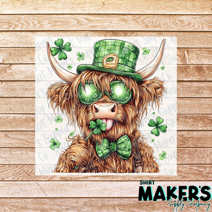 St. Patrick's Day Highland Cow Lucky DTF Transfer - or- Hat Patch, Acrylic, Magnet, or Keychain