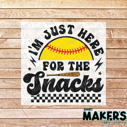 Softball Here for the Snacks DTF Transfer - or- Hat Patch, Acrylic, Magnet, or Keychain