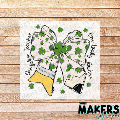Teacher Pencil Bow St. Patrick's Day DTF Transfer - or- Hat Patch, Acrylic, Magnet, or Keychain