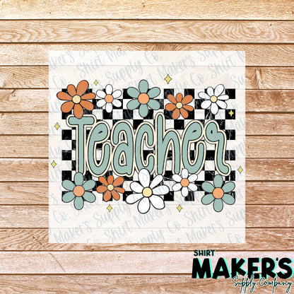 Teacher Checkered Floral DTF Transfer - or- Hat Patch, Acrylic, Magnet, or Keychain