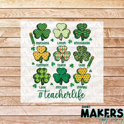 Teacher Life Shamrock St. Patrick's Day DTF Transfer - or- Hat Patch, Acrylic, Magnet, or Keychain