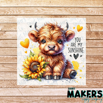 You Are My Sunshine Highland Cow DTF Transfer - or- Hat Patch, Acrylic, Magnet, or Keychain